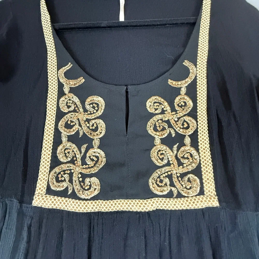 Free People Mini Dress Small Black Gold Embroidered Lace Bell Sleeve Boho Witchy